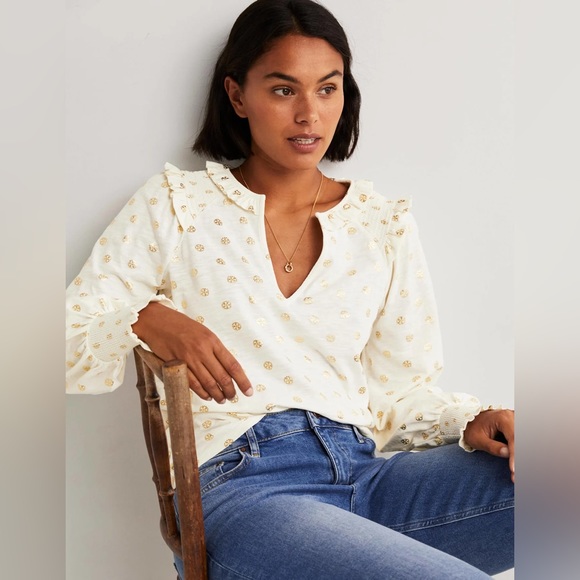Boden Long Sleeve Smocked Balloon Sleeve Frilled Ruffle Gold Foil Peasant Top S - Picture 2 of 9